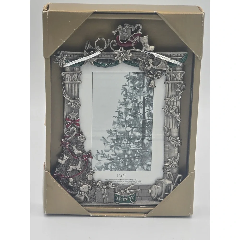 St. Nicholas Square Christmas Fireplace Picture Frame Pewter Style Holiday NIB